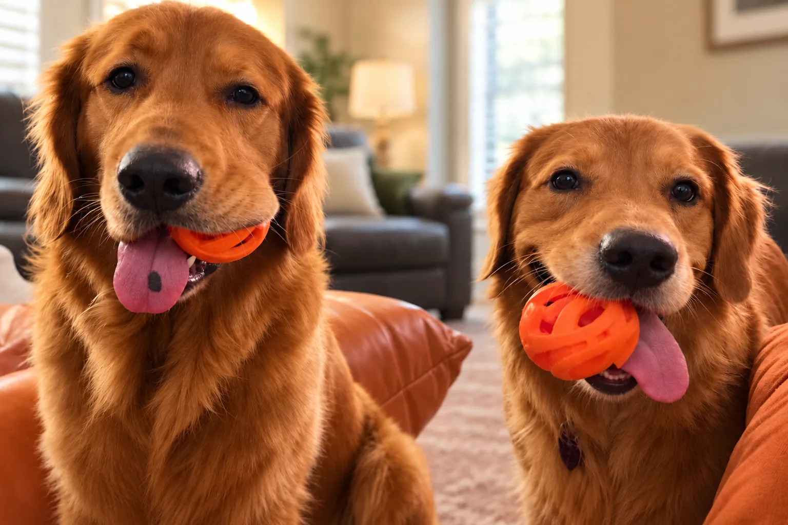 Duncan and Dilly indoors together, each holding an orange ball.